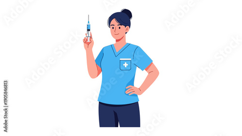 Healthcare Professional with Syringe: A healthcare professional, adorned in a medical uniform, confidently presents a syringe filled with medicine, symbolizing care, medical intervention.