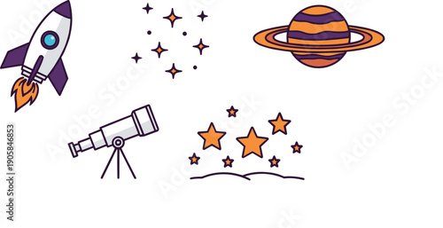 Astronomy and space exploration icon set with space rocket, telescope, Saturn planet, and sparkling stars. Cosmos discovery and science concept vector illustration.