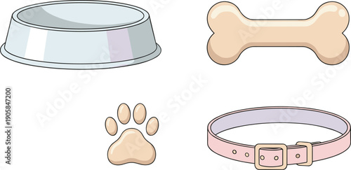 Pet care accessories set with stainless steel food bowl, dog bone treat, paw print, and leather collar. Domestic animal care concept vector illustration.