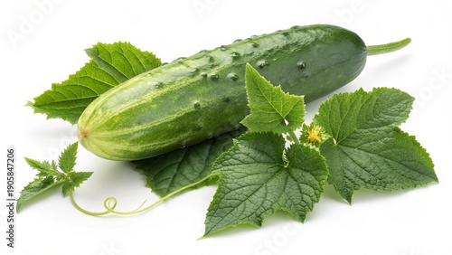 Fresh Green Cucumber with Leaves Isolated on White Background