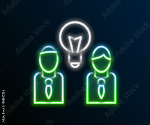 Glowing neon line People with lamp bulb icon isolated on black background. Concept of idea. Colorful outline concept. Vector