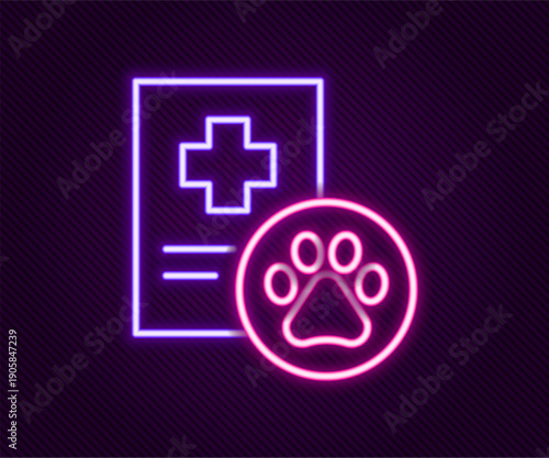 Glowing neon line Clipboard with medical clinical record pet icon isolated on black background. Health insurance form. Medical check marks report. Colorful outline concept. Vector