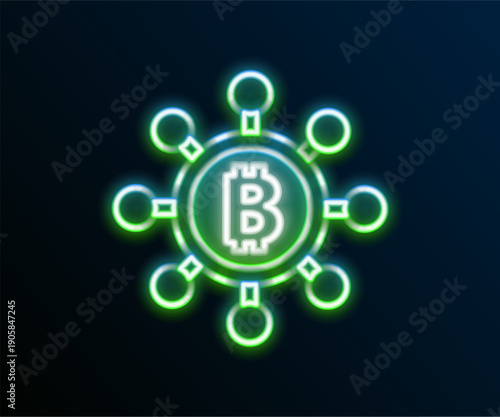 Glowing neon line Blockchain technology Bitcoin icon isolated on black background. Abstract geometric block chain network technology business. Colorful outline concept. Vector