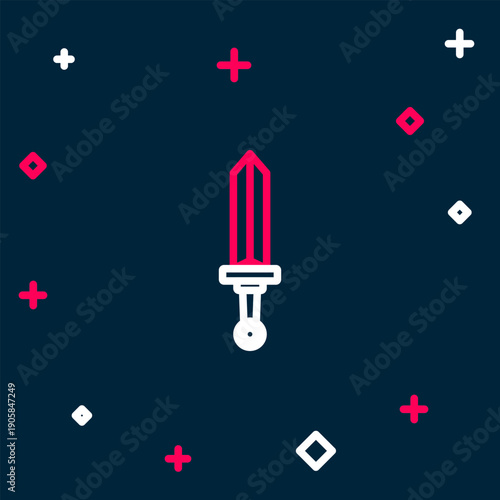 Line Medieval sword icon isolated on blue background. Medieval weapon. Colorful outline concept. Vector