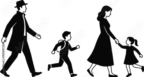 Silhouette of a father, mother, and two children walking together, happy family outdoors, minimalist vector illustration, simple design