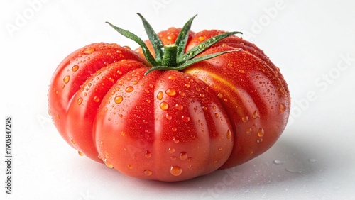 Fresh Ripe Tomato with Water Drops on White Background