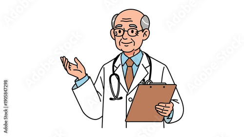 Experienced Physician in Consultation: A kind and experienced doctor, adorned in a pristine white coat, provides consultation and care with empathy. He holds a medical chart while offering guidance. 