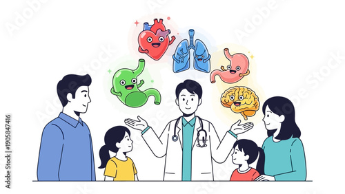 Medical illustration: Doctor guiding family, showcasing internal organs as fun and educational health education