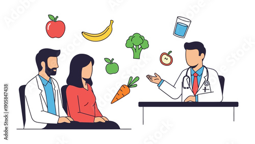 Nutrition Consultation: A healthcare professional guides a couple through a personalized nutrition plan, emphasizing the importance of a balanced diet and healthy choices.
