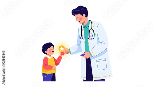 Doctor Rewarding Child: A caring doctor bestows a golden star upon a child, symbolizing a job well done and a path towards wellness and recovery.