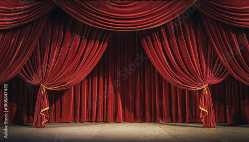 Classic red theater curtains on stage background　重厚なドレープが美しい赤い舞台カーテン　デジタルイラスト