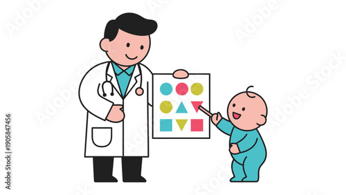 Playful Exploration: An adorable toddler engages with a caring doctor in a vibrant lesson about shapes and colors, creating a heartwarming scene of early learning.