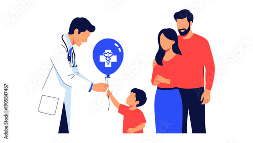 Healthcare and Family: A medical professional gifting a symbolic balloon to a child, with the parents standing close, captures the essence of well-being and a caring environment.