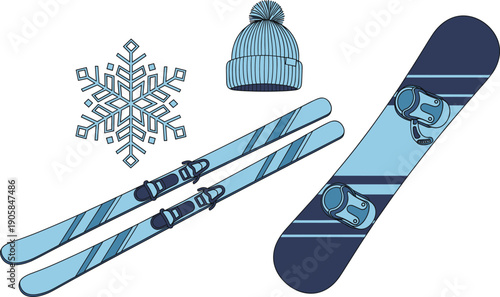 Winter sports equipment set with skis, snowboard, wool beanie hat, and snowflake. Skiing and snowboarding activity vector illustration.