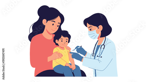 Child Vaccination: A doctor administers a vaccine to a child, with the mother present to provide comfort, in a setting focused on healthcare and preventative measures.