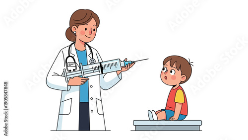 Vaccination Time: A comforting doctor prepares to administer a vaccine to a young child, fostering trust and care in a medical setting.