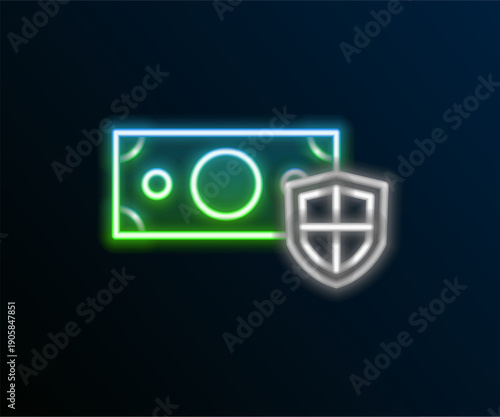 Glowing neon line Money with shield icon isolated on black background. Insurance concept. Security, safety, protection, protect concept. Colorful outline concept. Vector
