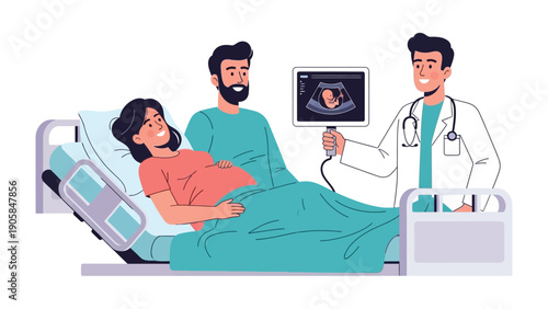 Anticipation of New Life: A pregnant woman lies comfortably in a hospital bed, her partner beside her, as a doctor displays an ultrasound image of their baby.