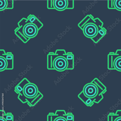Line Photo camera icon isolated seamless pattern on blue background. Foto camera. Digital photography. Vector