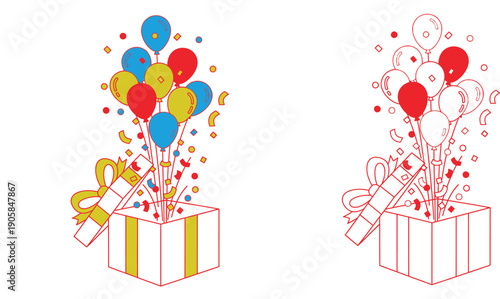 Open gift box with flying balloons and confetti vector illustration. Surprise party concept with color and outline line art styles isolated on white background.