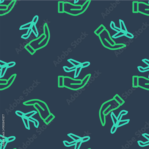 Line Plane in hand icon isolated seamless pattern on blue background. Flying airplane. Airliner insurance. Security, safety, protection, protect concept. Vector