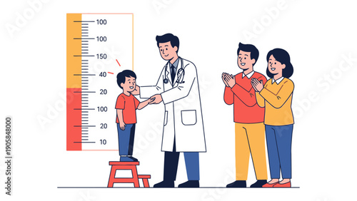 Medical Evaluation of Child's Height: A pediatrician uses a measurement scale to assess a boy's height during a checkup, with his parents in anticipation.
