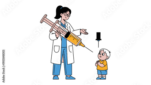 Vaccination Preparation: An illustration depicts a medical professional, holding a massive syringe, addressing a child who anticipates the upcoming injection.