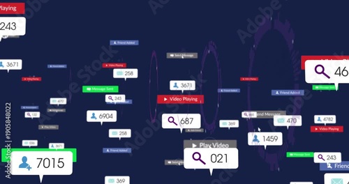 Search bubble appearing, central HUD emitting rings while badges floating, showing network activity