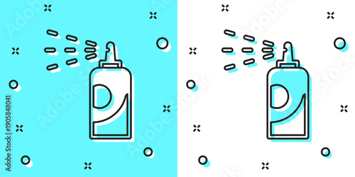 Black line Spray can for hairspray, deodorant, antiperspirant icon isolated on green and white background. Random dynamic shapes. Vector