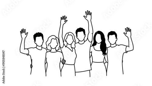 High-quality black line art of neutral, gender-inclusive silhouettes waving together, unity and diversity illustration