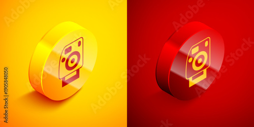 Isometric Photo camera icon isolated on orange and red background. Foto camera. Digital photography. Circle button. Vector