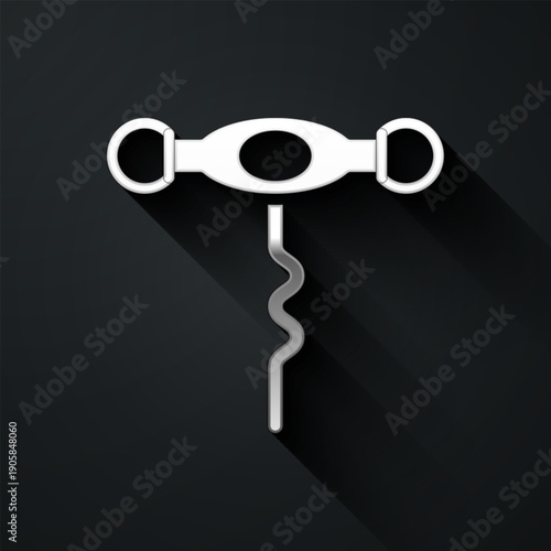 Silver Wine corkscrew icon isolated on black background. Long shadow style. Vector