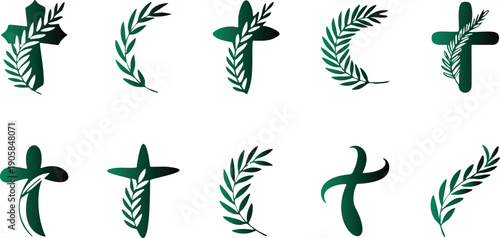 Green laurel wreath and cross symbols on white background for awards and achievements  various designs