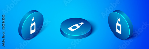 Isometric Beer bottle icon isolated on blue background. Blue circle button. Vector