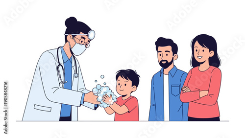 Doctor guiding child hand washing: A doctor demonstrates the correct technique for a child to wash hand, while parents observe attentively, emphasizing hygiene and health in a caring environment.