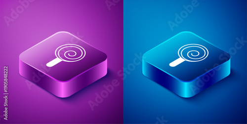 Isometric Lollipop icon isolated on blue and purple background. Candy sign. Food, delicious symbol. Square button. Vector