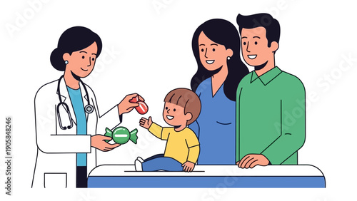 Nurturing Wellness: A caring physician offers a playful treat to a young child, accompanied by supportive parents, symbolizing health and wellness.