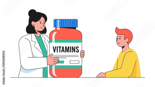 Doctor Explaining Supplement: A medical professional explains the importance of vitamins to an attentive patient, fostering health and wellness through informed guidance. 