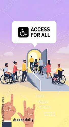 Accessible entrance with diverse people and disability symbols