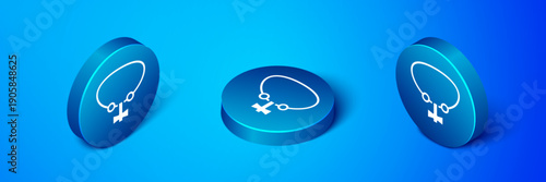 Isometric Necklace with gem icon isolated on blue background. Blue circle button. Vector