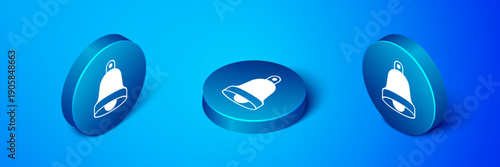 Isometric Church bell icon isolated on blue background. Alarm symbol, service bell, handbell sign, notification symbol. Blue circle button. Vector