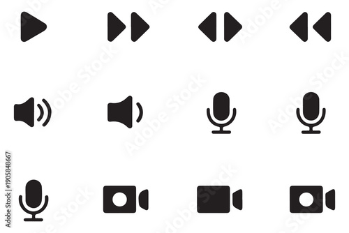Modern flat icons for media playback controls microphone and video camera technology