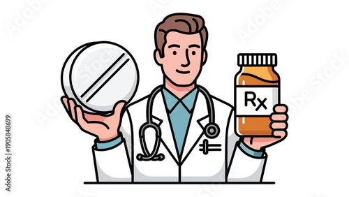 Medical Prescription: A doctor, holding a bottle of prescription medication and a large pill, embodies the essence of healthcare and medical solutions. Capturing the core of health, wellness.