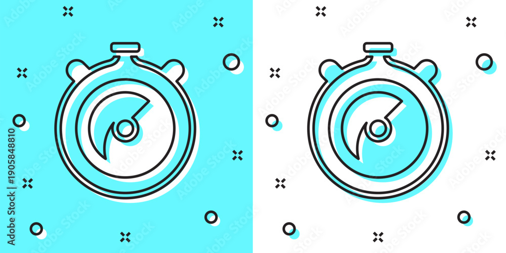 Obraz premium Black line Stopwatch icon isolated on green and white background. Time timer sign. Chronometer sign. Random dynamic shapes. Vector