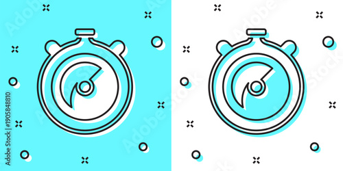 Black line Stopwatch icon isolated on green and white background. Time timer sign. Chronometer sign. Random dynamic shapes. Vector