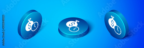 Isometric Time is money icon isolated on blue background. Money is time. Effective time management. Convert time to money. Blue circle button. Vector