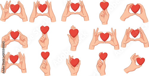 Hands holding red hearts in various gestures love