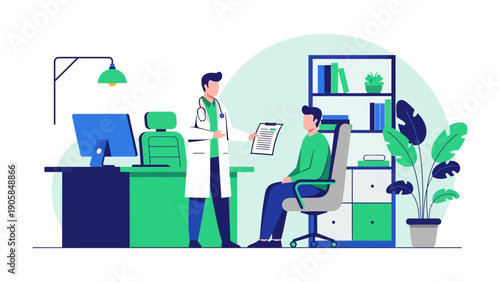 Medical Consultation Illustration: A patient receives guidance from a doctor, discussing health and wellness in a modern medical setting.