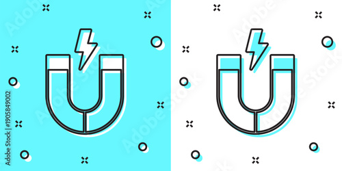 Black line Magnet icon isolated on green and white background. Horseshoe magnet, magnetism, magnetize, attraction. Random dynamic shapes. Vector