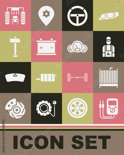 Set Multimeter, Car radiator cooling system, mechanic, Steering wheel, battery, Hammer, wash and Speedometer icon. Vector